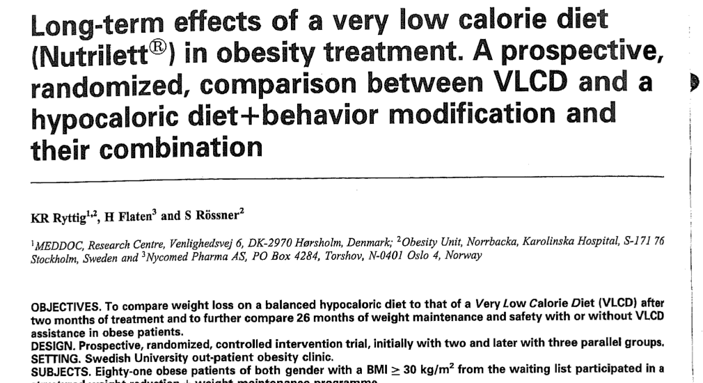 Study first page: Long-term effects of a very low calorie diet (Nutrilett) in obesity treatment