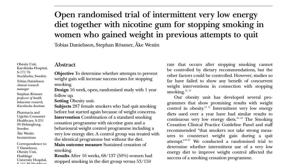 Study first page: Open randomised trial of intermittent very low energy diet together with nicotine gum for stopping smoking