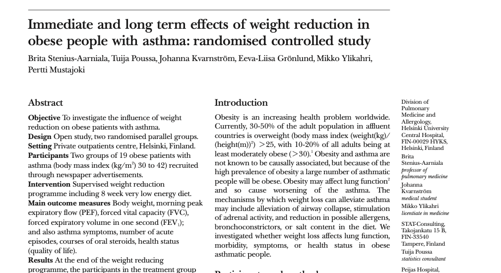Study first page: Immediate and long term effects of weight reduction in obese people with asthma
