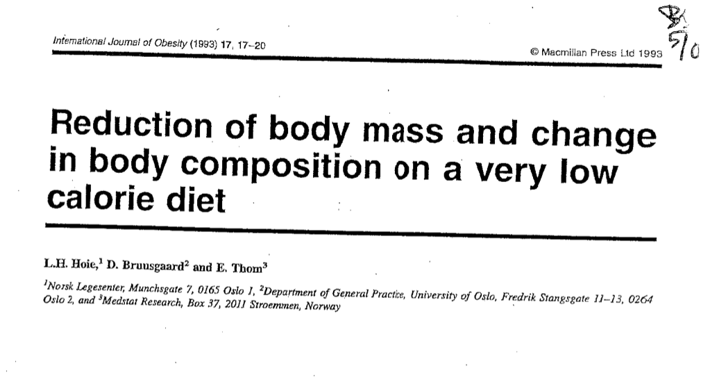 Study first page: Reduction of body mass and change in body composition on a very low calorie diet