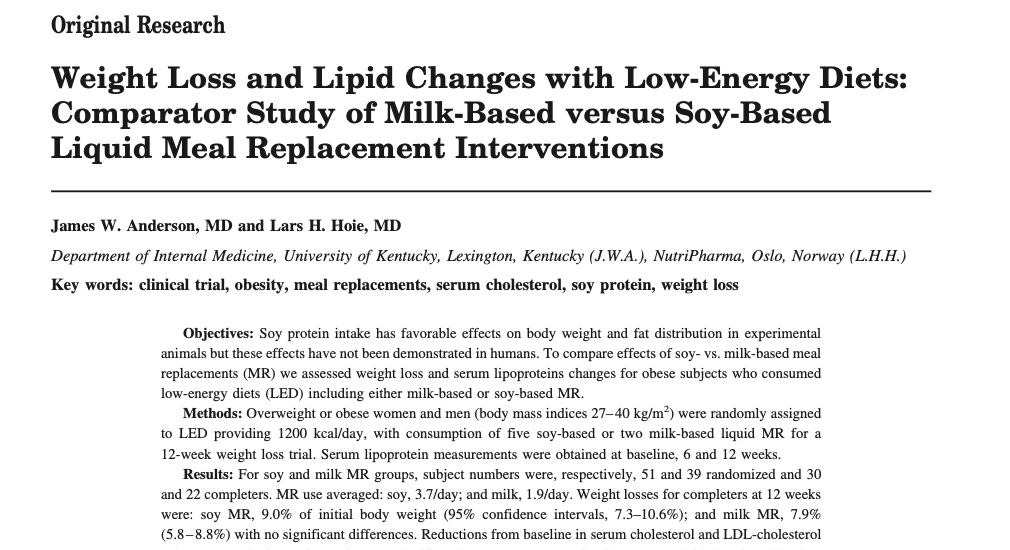 Study first page: Weight loss and lipid changes with low-energy diets: milk-based versus soy-based liquid meal replacement