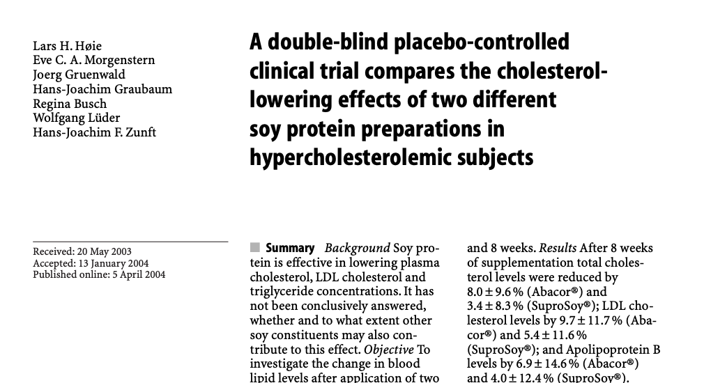 Study first page: A double-blind placebo-controlled clinical trial compares two different soy protein preparations