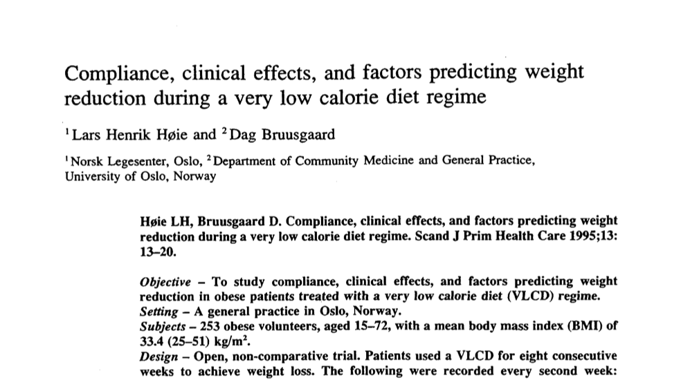 Study first page: Compliance, clinical effects, and factors predicting weight reduction during a very low calorie diet regime